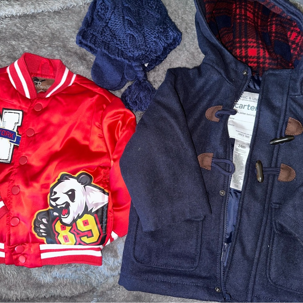 Carter's Navy Toggle Coat with Red Plaid Lining and Red Varsity Jacket satin
